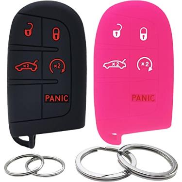 Imagem de 2 peças de silicone 5 botões capa de chave controle remoto protetor sem chave compatível com Jeep Grand Cherokee Chrysler 300 200 Dodge Charger Challenger Durango Journey Dart Viper Ram (preto e rosa choque)