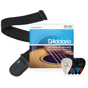 Imagem de D'Addario Cordas de guitarra acústica, alça de guitarra, conjunto de palhetas de guitarra