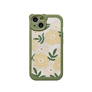 Imagem de 3D bonito orelhas tela cheia pequeno crisântemo folha verde capa pu para iphone 13 12 11 pro xs max xr x 7 8 plus capa macia tpu, d, para iphone 12pro