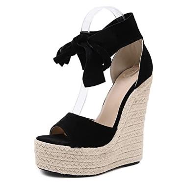 Imagem de Sandálias femininas de verão com bico aberto, sandálias anabela, tira no tornozelo, plataforma elegante, sapatos de palha para mulheres, preto, 39 EU/8 US