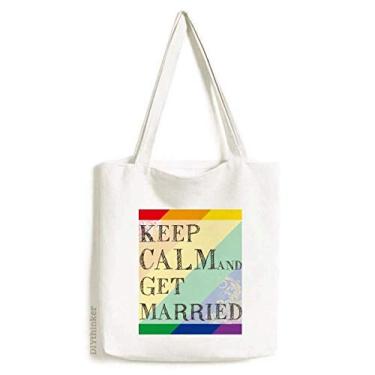 Imagem de LGBT Bolsa de lona com bandeira de arco-íris Get Married bolsa de compras casual bolsa de mão