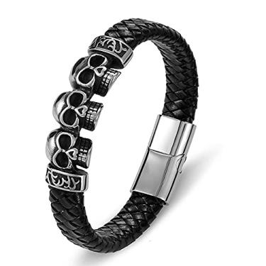Imagem de Pulseira bracelete masculino de Couro genuíno com fecho Magnético crânio corda trançada