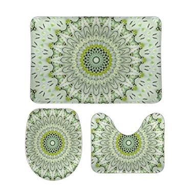 Imagem de Top Carpenter Conjunto de 3 peças antiderrapante de tapete de banheiro com estampa tribal verde + tampa de vaso sanitário + tapete de banheiro para decoração de banheiro