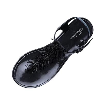 Imagem de Sandálias femininas cor sólida sandálias primavera verão chinelos planos e contas moda feminina confortável com flip (preto, 8)