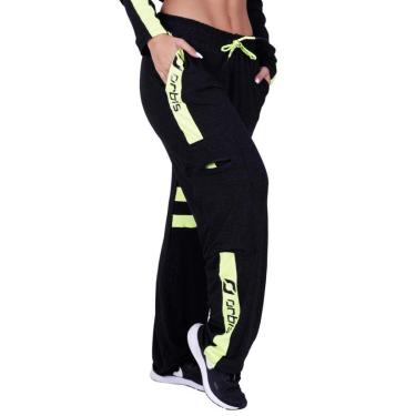 Imagem de Calça Feminina Larga Cargo Recortes Bolsos Visco Crepe Ecocel Cós Ajustável Orbis - Amarelo Neon,-Feminino