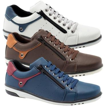 Imagem de Kit 3 Sapatênis Masculino Casual Gelo, Café e Azul Elástico e Zíper-Masculino