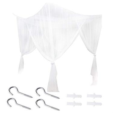 Imagem de Sluffs 4 Peças De Canto Para Cama Com Dossel Mosquiteiro Conjunto Completo Conjunto Queen Size Drapeado De Malha Quadrada Mosquiteiro Conjunto De Cama Para Decoração De Quarto(branco)