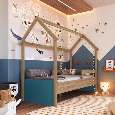 Imagem de Cama Infantil Casinha Com Colchão Solteiro Aveiro Oak Azul Secreto Sonho Completa Móveis