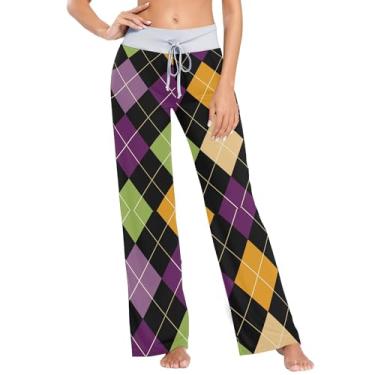 Imagem de JUNZAN Pijamas coloridos de moda geométrica xadrez para mulheres calças de pijama para mulheres calças de pijama para mulheres presentes de aniversário PP, Xadrez geométrico, moderno, colorido, Large