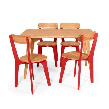 Imagem de Conjunto De Jantar Mesa Retangular Com 4 Cadeiras Em Madeira Natural Vermelho
