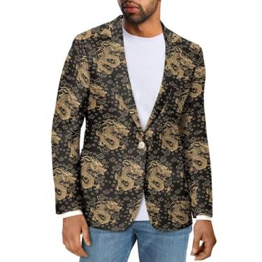 Imagem de Psesaysky Blazer masculino casual com bolsos, casaco esportivo de ajuste clássico e blazers com bolsos, jaquetas leves para homens, Estampa de dragão, Large
