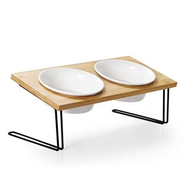 Imagem de SWEEJAR Tigelas elevadas de cerâmica para gatos, tigelas para cães pequenos, tigela elevada inclinada de 15° com suporte de madeira sólida para proteger a coluna, alimentador de água e alimentos para gatos e cães, conjunto de 2 (branco)