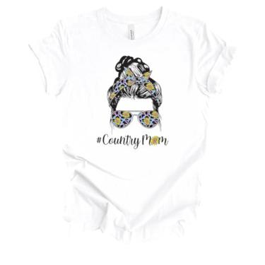 Imagem de Camiseta feminina Hashtag Country Mom com estampa de guepardo de girassol e manga curta para o Dia das Mães, Branco, P