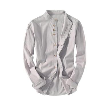 Imagem de Camisa masculina de algodão e linho manga longa Harajuku vintage simples versátil solta gola mandarim blusa tops roupas masculinas, Cinza, GG