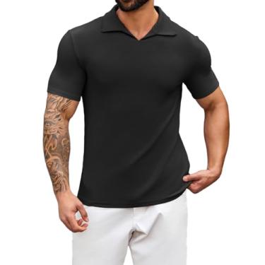 Imagem de Runcati Camisa polo masculina gola V manga curta malha golfe camiseta casual treino, Preto, M