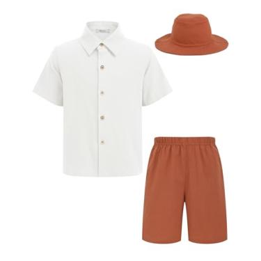 Imagem de Arshiner Conjuntos curtos de algodão e linho para meninos, camisa de manga curta e shorts com chapéu balde roupas de praia de verão, Branco - marrom, 16