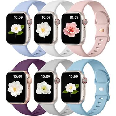 Imagem de Maledan Pulseira feminina de relógio Apple de 40 mm, 38 mm, 41 mm, 42 mm, 44 mm, 45 mm, 49 mm e 46 mm, pacote com 6 pulseiras esportivas de silicone para Apple Watch séries 11, 10, 9, 8, 7, 6, 5, 4, 3
