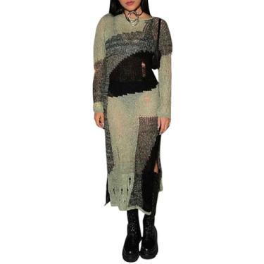 Imagem de Suéter feminino tricotado manga longa gola redonda buraco lateral divisão alta cor bloco patchwork suéter roupas clube, Verde, M