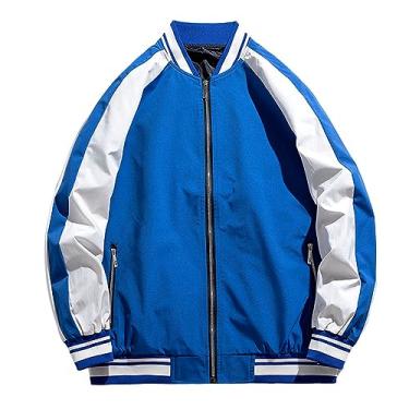 Imagem de Jaqueta masculina com zíper frontal combinando cores corta-vento agasalho gola redonda casaco camisa casaco com bolso, Azul, G