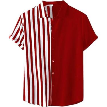Imagem de TheyLook Camisa masculina de manga curta com botões, casual, listrada, estampa havaiana, patchwork, camiseta de praia, Vermelho, M