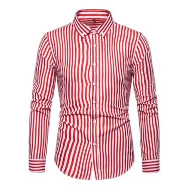 Imagem de Camisa masculina casual slim fit listrada leve camisa de manga comprida com botões, Vermelho, XXG