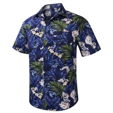 Imagem de Camisa masculina havaiana Enlison manga curta casual verão praia Aloha camisa floral abotoada tropical Havaí camisas, Folha floral verde-marinho, P