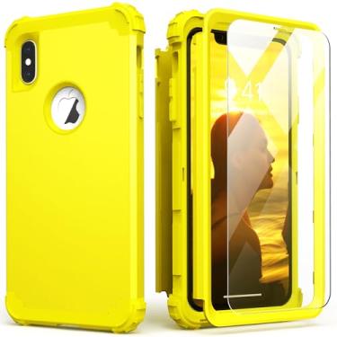 Imagem de IDweel Capa para iPhone Xs Max com protetor de tela (vidro temperado), 3 em 1 com absorção de choque, capa rígida de policarbonato rígido, amortecedor de silicone macio, capa durável, amarela