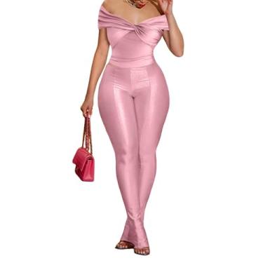 Imagem de Rimhold Conjunto de calça feminina sexy de verão de 2 peças, ombro de fora, nó torcido, blusa de manga curta e calça rodada ao corpo, roupa de boate, rosa, Medium
