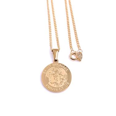Imagem de LESLIE BOULES Colar de medalha de aço inoxidável de São Miguel Arcanjo Corrente banhada a ouro 18K (comprimento de 56 cm), 22" Length, Latão, Sem Pedra Preciosa