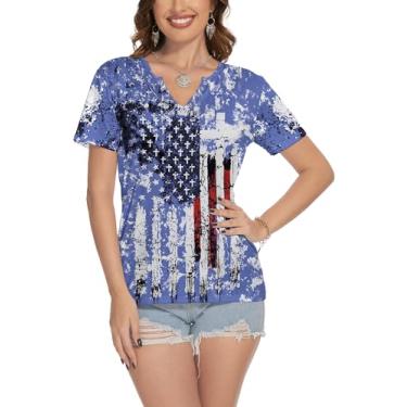 Imagem de TMSD Camiseta feminina de 4 de julho Dia da Independência gola V manga curta Memorial Day Ring Hole, Bandeira azul, GG