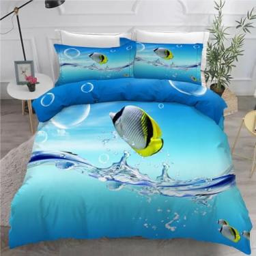 Imagem de Jogo de cama solteiro com peixes marinhos, azul, conjunto de 3 peças para decoração de quarto, capa de edredom de microfibra macia 152 x 232 cm e 2 fronhas, com fecho de zíper e laços