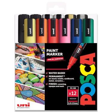 Imagem de Caneta Uni Posca PC-5M Caneta de Tinta Artística Marcadora - Conjunto Profissional de 12 Canetas - Preto Extra + Branco
