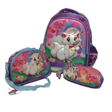 Imagem de Kit Mochila Infantil Clio Escolar Gatinha Nini c/ Lancheira e Estojo NN7001J - Azul-Fem...