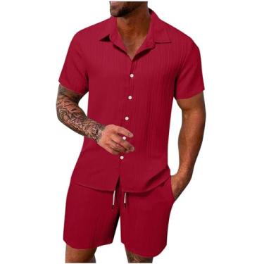 Imagem de Generic Conjunto de shorts masculinos de linho de renda para verão outono combinando com 2 peças, camisetas e shorts masculinos 2024, B-284 Vinho vinho vinho, P