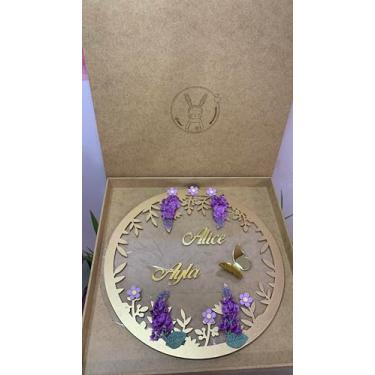 Imagem de Enfeite Porta Maternidade floral Lavanda lilás acrilico cristal/mdf dourado