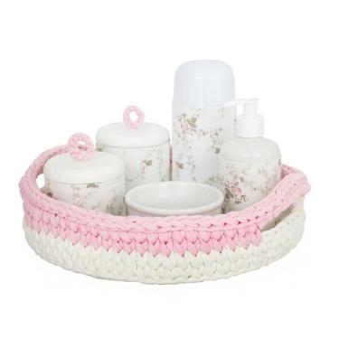 Imagem de Kit Higiene Crochê Com 6 Peças e Garrafa Pequena Rosa Quarto Bebê Infa