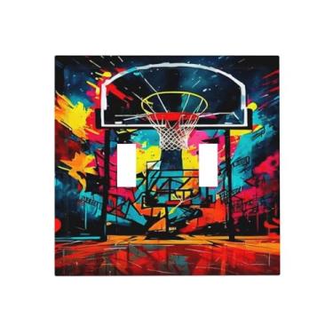 Imagem de LOLREAI Cesto esportivo de basquete colorido grafite hippie capas de interruptor de luz dupla placa de parede decorativa dupla placa elétrica para decoração de quarto de banheiro country