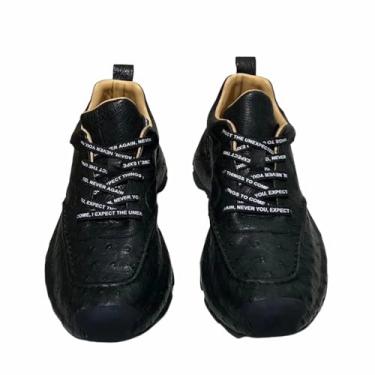 Imagem de Authentic Real True Ostrich Skin Fashion Preto Sólido Tênis Masculino com Cadarço Couro Exótico Genuíno Masculino Casual Macio Sapatos Rasos, Preto, 37