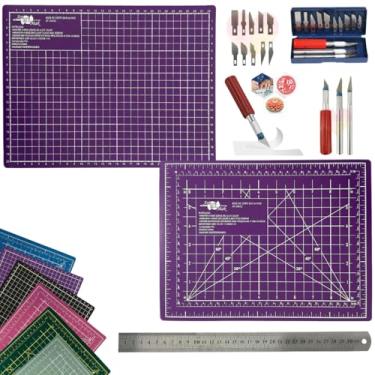Imagem de Kit Base de Corte A4 30x22cm Multiuso Costura Artesanato Patchwork Desenho Jogo Estilete Precisão 13 Peças Regua Metal 30cm (Roxa)