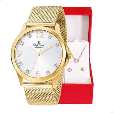 Imagem de Relógio Feminino Champion Analógico Dourado Pulseira Mesh CN24093B Colar e Brincos