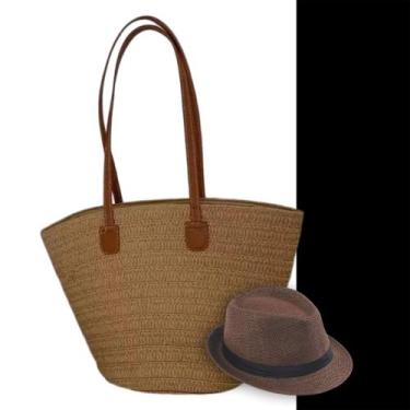 Imagem de Kit Chapéu Palha ABA CURTA Panama + Bolsa GOLD Praia Tote Alça Grande 