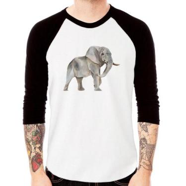 Imagem de Camiseta Raglan Elefante Manga 3/4 - Foca na Moda, Branco, Preto, GG