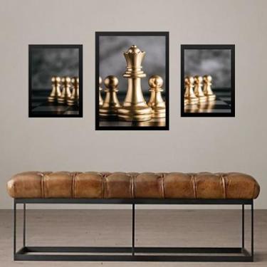 Imagem de Set 3 Quadros Decorativos Jogo De Xadrez - com vidro - Quadros On-line