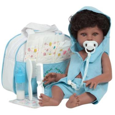 Imagem de Bebê Reborn Menino Cabelo Cacheado Roupão Bolsa Acessórios - Cegonha R