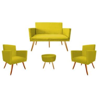 Imagem de Kit Namoradeira + 2 Poltronas Decorativa Nina + Puff Redondo Suede Ama