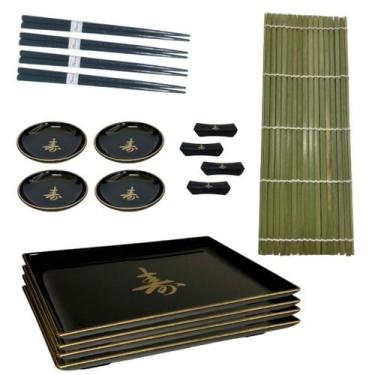 Imagem de Kit Oriental Conjunto 4 Pessoas Comida Japonesa Hashi Shoyu Esteira Su