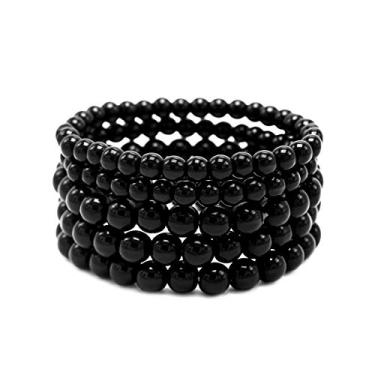 Imagem de T-Doreen Conjunto de pulseira de pérolas de 5 fileiras para mulheres e meninas com contas elásticas, One Size, Vidro, Não conhecido