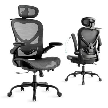 Imagem de LarkLeaves Cadeira de Escritorio com Encosto de Cabeça 3D, Cadeira Ergonomica com Cabide, Cadeira Executiva com Suporte Lombar 2D e Braços Rebatíveis, Assento e Encosto de Malha, Preta