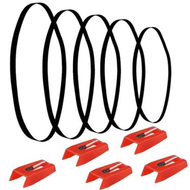 Imagem de Pacote com 5 agulhas de substituição para toca-discos com agulhas de toca-discos (vermelho), 5 peças de cintos para toca-discos, substituição de correia para toca-discos