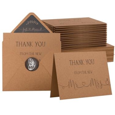 Imagem de 100 cartões de agradecimento de casamento com envelopes e adesivos | Notas de agradecimento de Mr and Mrs | Rustic Blank 10 x 15 cm Obrigado do novo Sr. e Sra.
